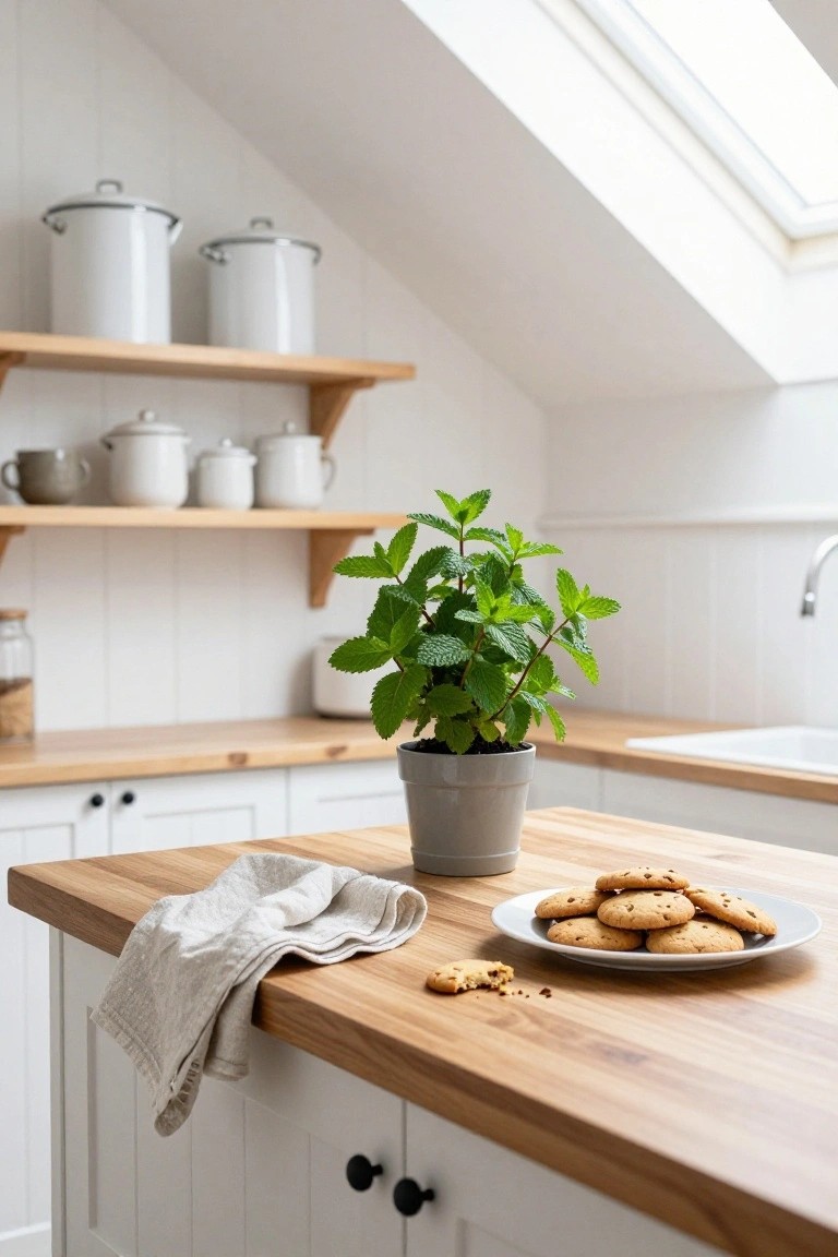 Wooden kitchen counter with a gray potted mint plant, white plate of oatmeal raisin cookies, linen towel draped over the edge, white cabinets, and wooden shelves stocked with white canisters.