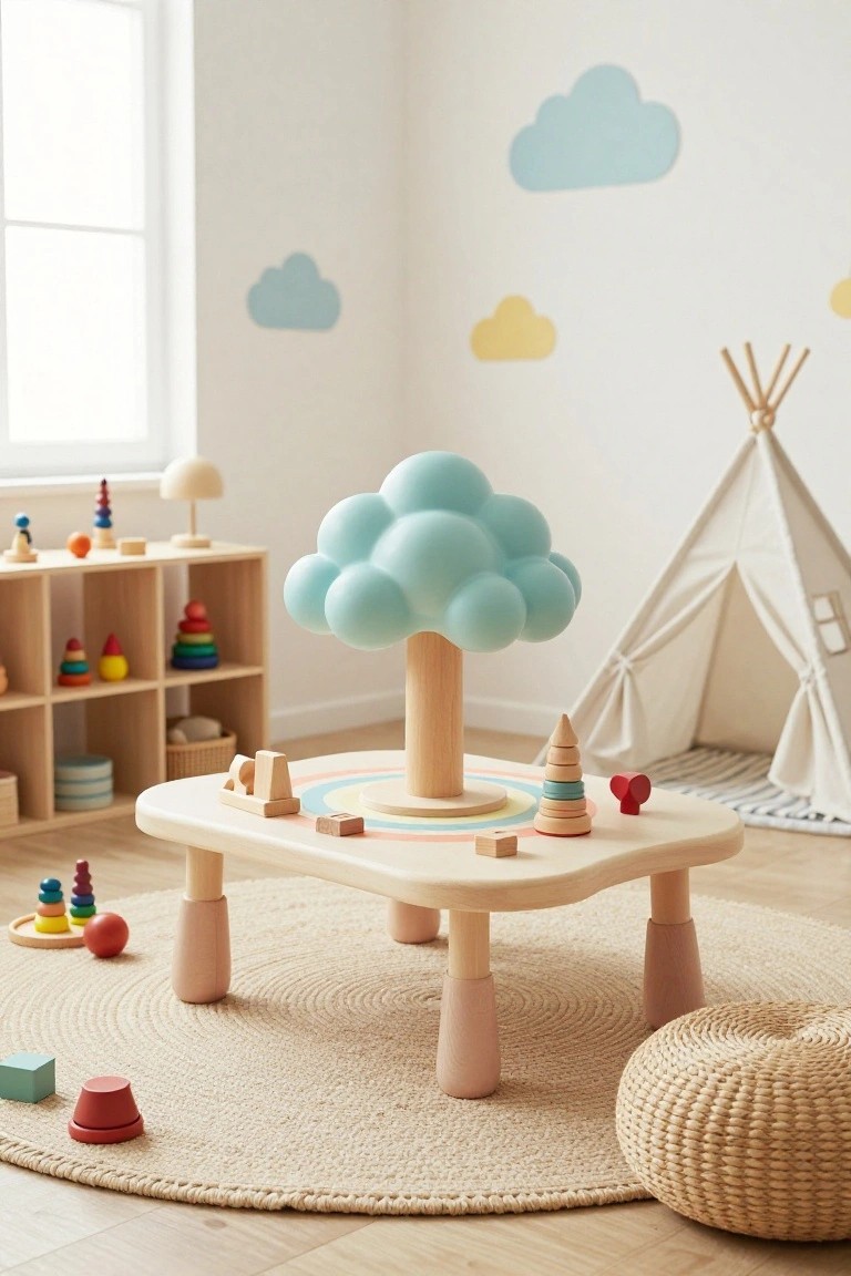 Children's playroom interior with a large light blue cloud-shaped tree lamp on a wooden play table, surrounded by colorful wooden toys, open shelves, a white teepee tent, cloud decals on walls, and a beige rug on light wood floors.