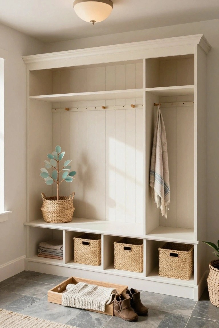 White paneled built-in cabinetry in a mudroom with open shelves, wicker baskets, a teal leaf tree in a basket, hanging towels on hooks, and brown boots on the floor beside a wooden tray.
