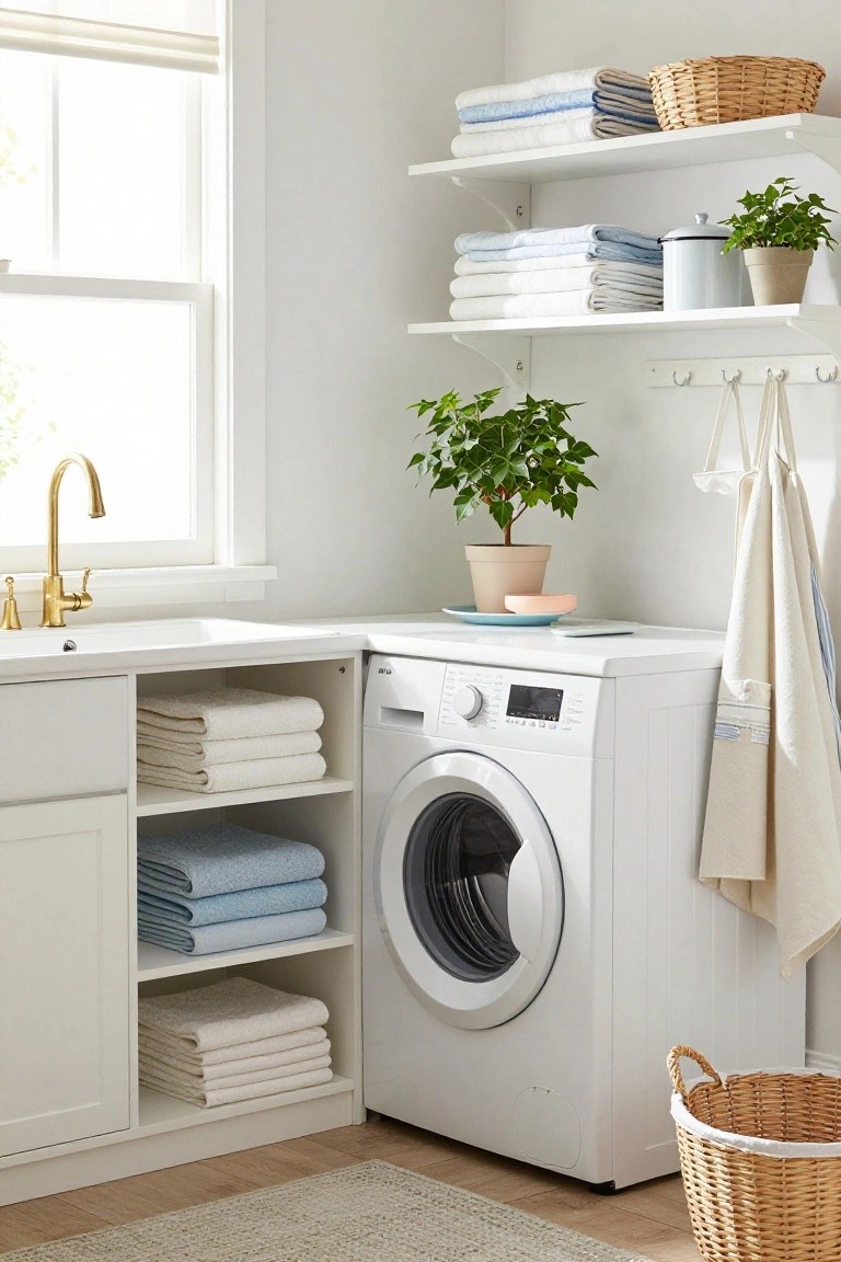 White laundry room with front-loading washer, farmhouse sink with brass faucet, open shelves holding stacks of folded white, blue, and beige towels, potted plants, hanging linens, and wicker baskets on wood floor.