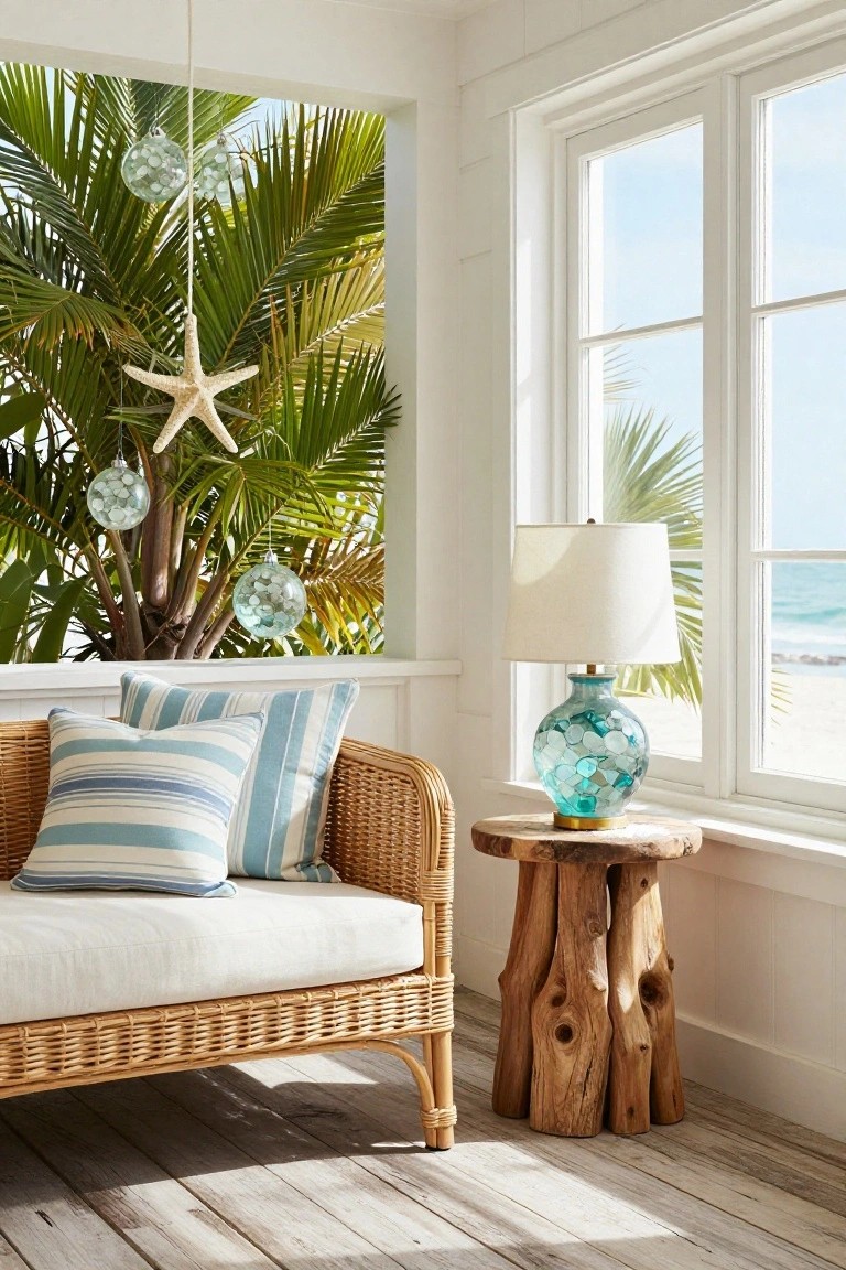 Indoor corner seating with a wicker armchair piled with striped pillows, next to a tree stump table holding a sea glass lamp, and a potted palm hung with iridescent glass orbs, shells, and a starfish, beside large windows showing palm trees and ocean.