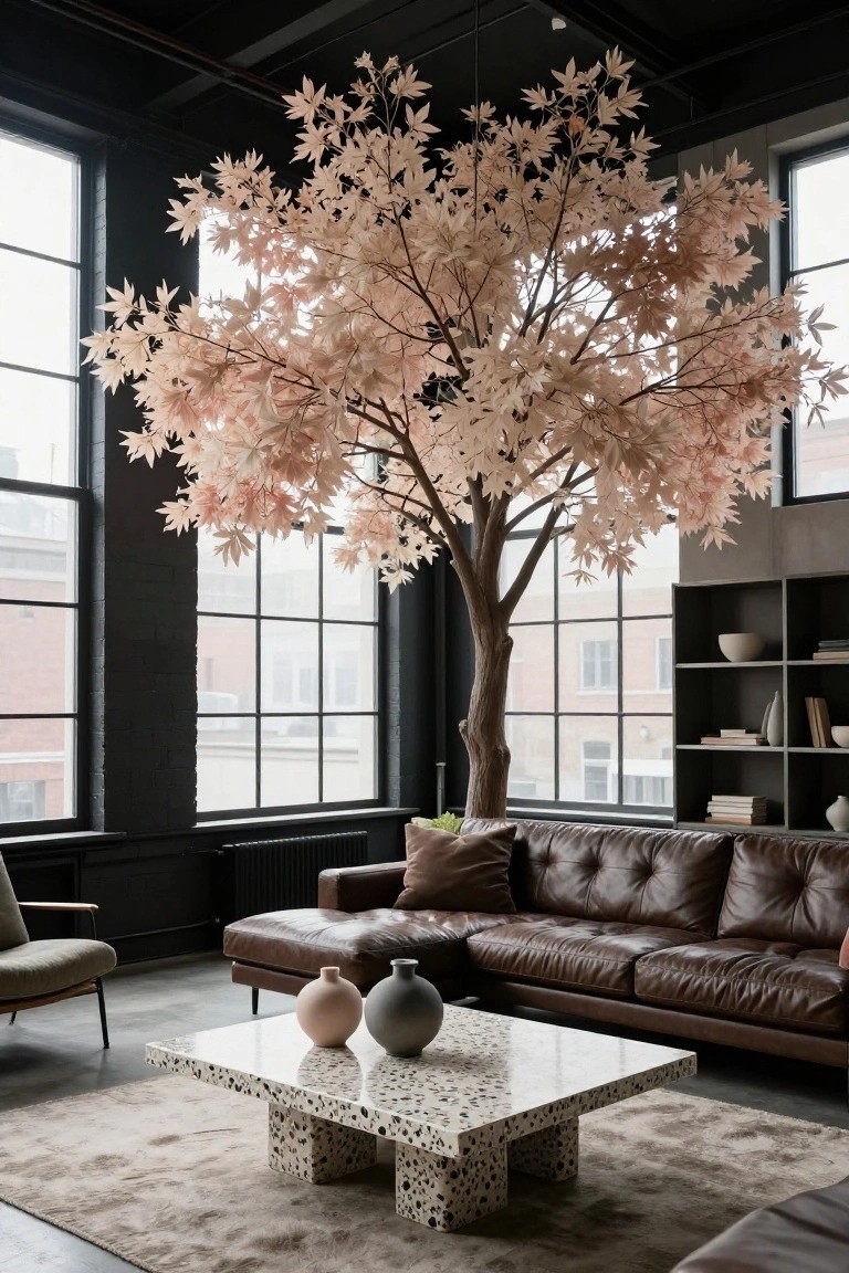 Modern industrial living room with tall artificial pink maple tree in corner, brown leather sofas, white terrazzo coffee table with ceramic vases, built-in bookshelves with ceramics and books, large metal-framed windows, and dark brick walls.