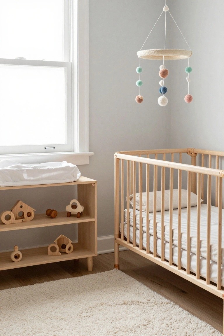 Light gray nursery corner with wooden crib, changing table topped with white pad, open shelves holding wooden toys, cream rug on wood floor, and rattan mobile with multicolored wool pom poms hanging from ceiling.