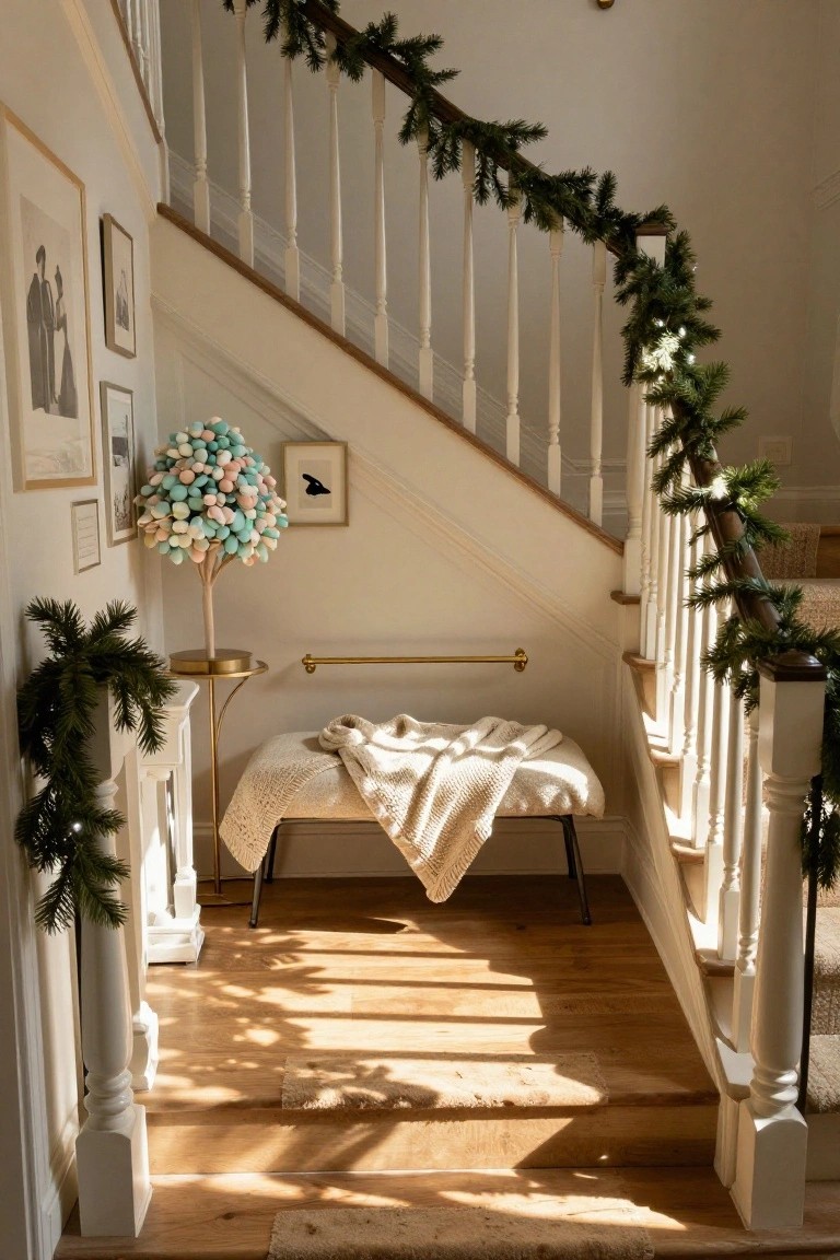Staircase entry with white railings wrapped in green garlands, a turquoise pom-pom tree on a gold stand next to a cushioned bench, and wall art in a light wood floor room.