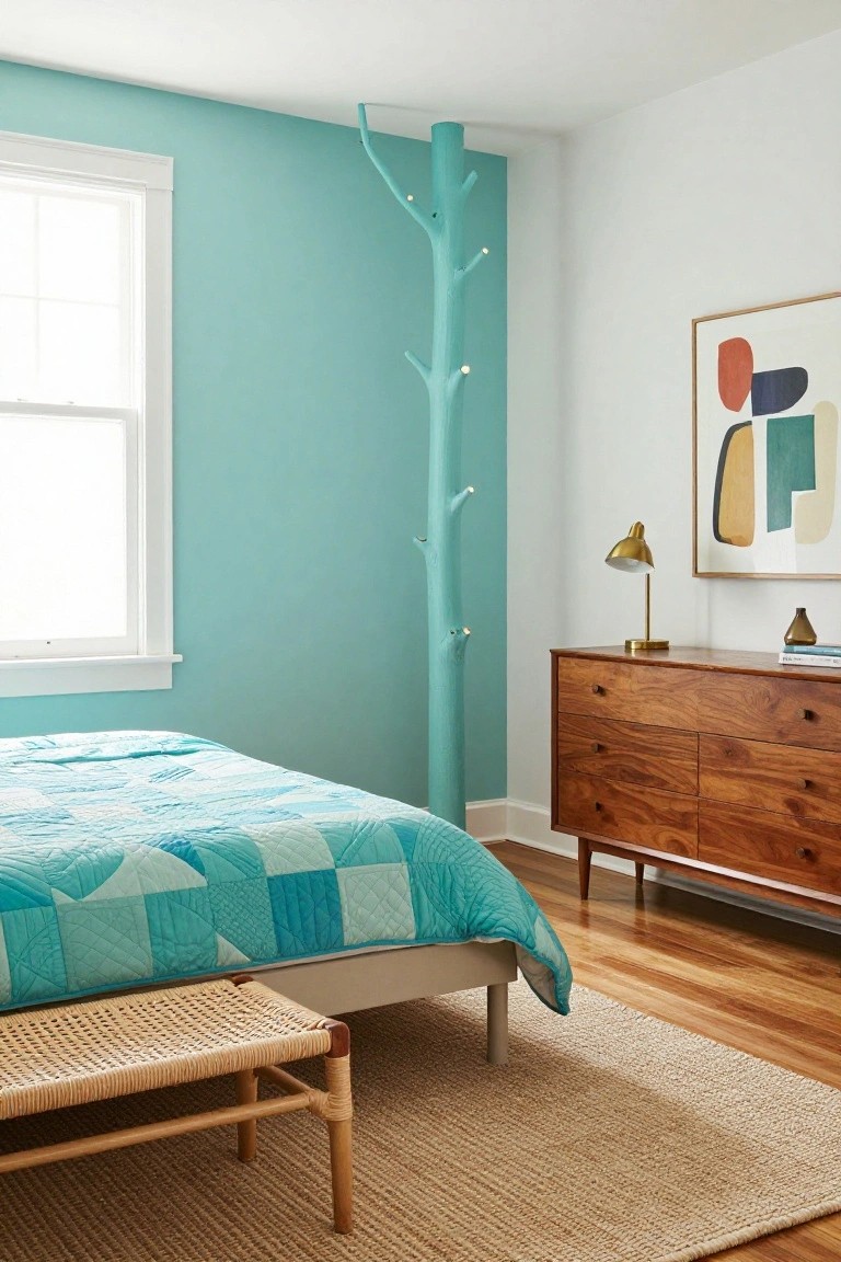 Bedroom interior featuring a tall turquoise tree-shaped coat rack with small lights on branches against a teal wall, next to a wooden mid-century dresser with brass lamp, a bed with blue geometric quilt, and a rattan bench on hardwood floors with beige rug.