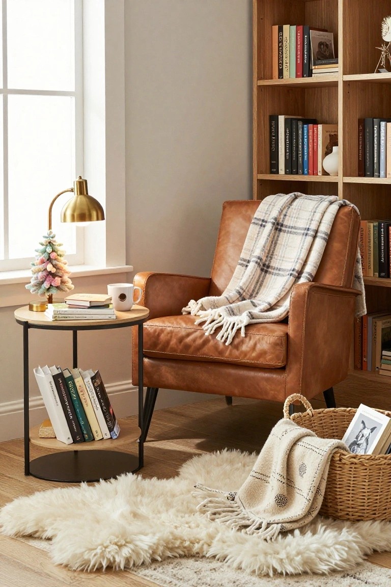 Cozy indoor room corner featuring a small fluffy pastel pink and green Christmas tree by a window, tan leather armchair with plaid and cream throws, wooden bookshelves filled with books, gold side table with white mug and stacked books, and white sheepskin rug on wood floor.