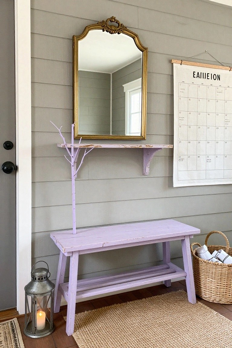 Front porch area with gray siding and white trim, featuring a purple painted wooden bench next to the door, gold ornate mirror on a purple shelf with branch above it, hanging fabric calendar, metal lantern with candle on the floor, and wicker basket with wrapped items beside the bench on a seagrass rug.