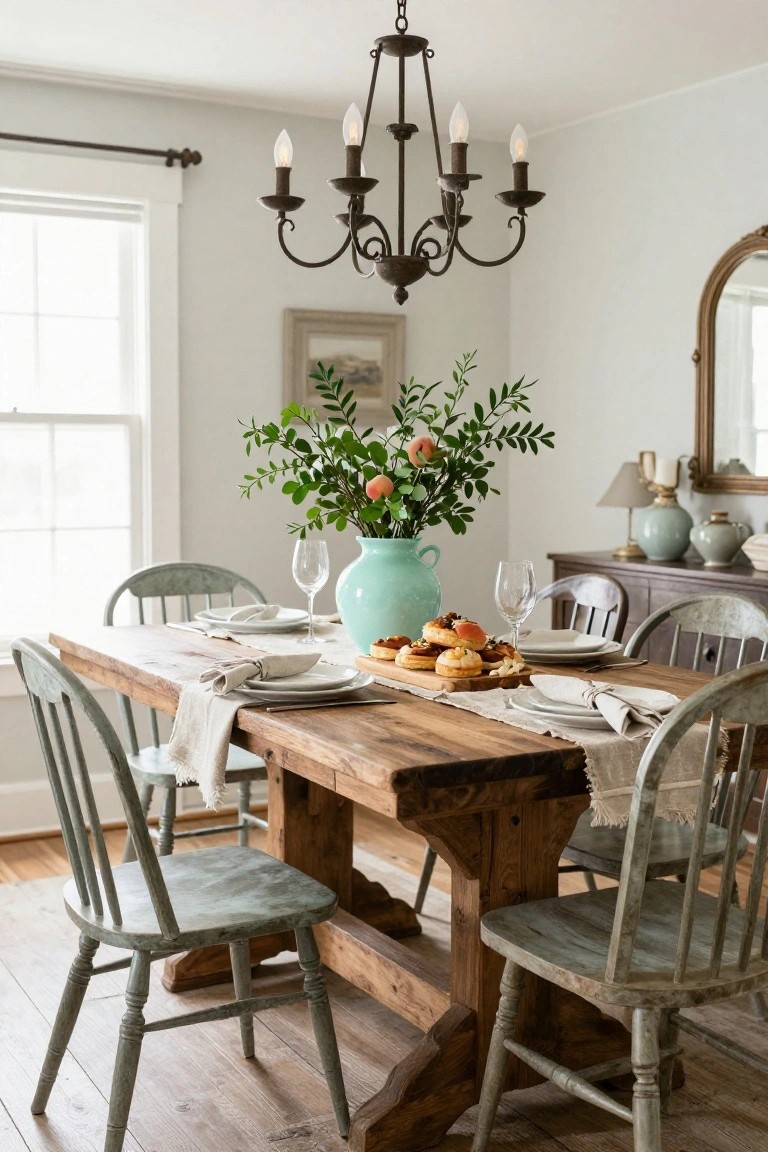 Rustic Farm Table with Pastel Chairs