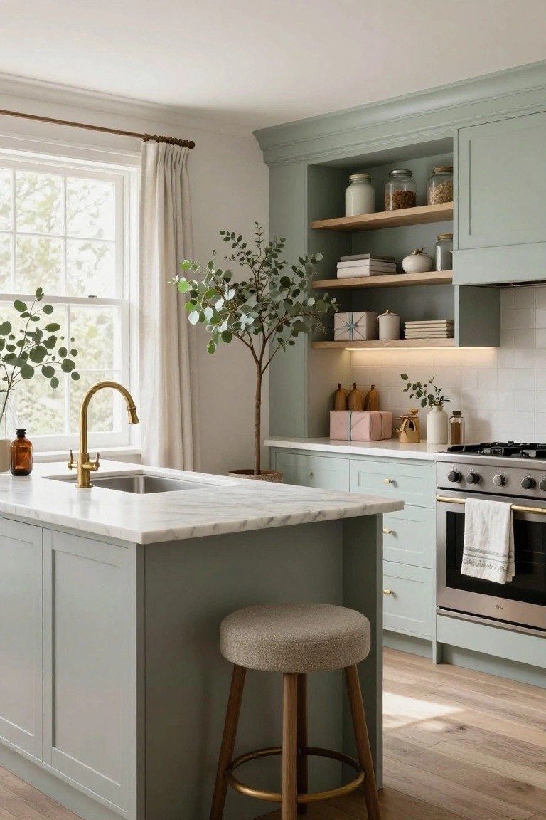 Kitchen featuring sage green shaker-style cabinets, white marble island with undermount sink and gold gooseneck faucet, wooden bar stool, and stainless steel appliances.