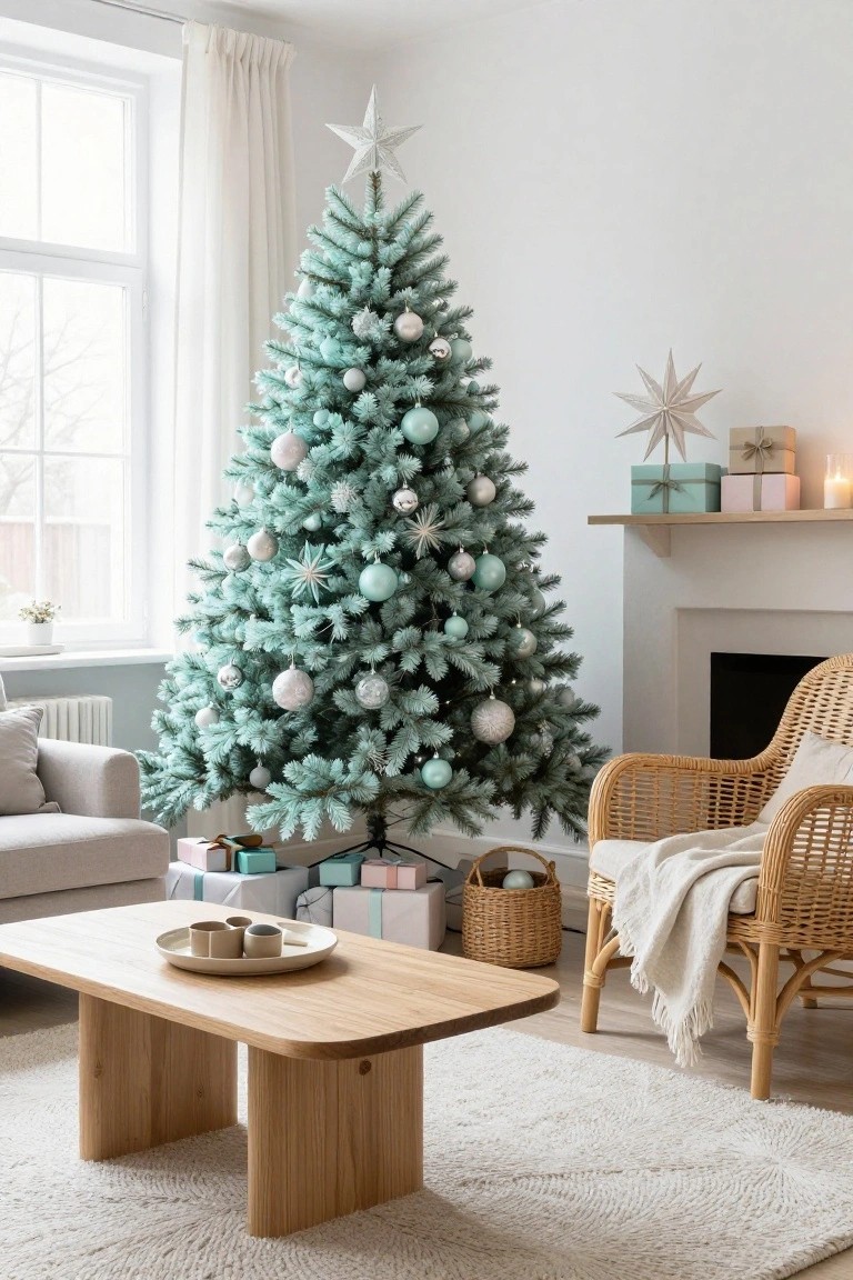 Turquoise artificial Christmas tree decorated with pastel blue, white, silver, and clear ornaments in a modern living room with light gray sofa, rattan armchair, wooden coffee table, fireplace mantle, and neutral decor.