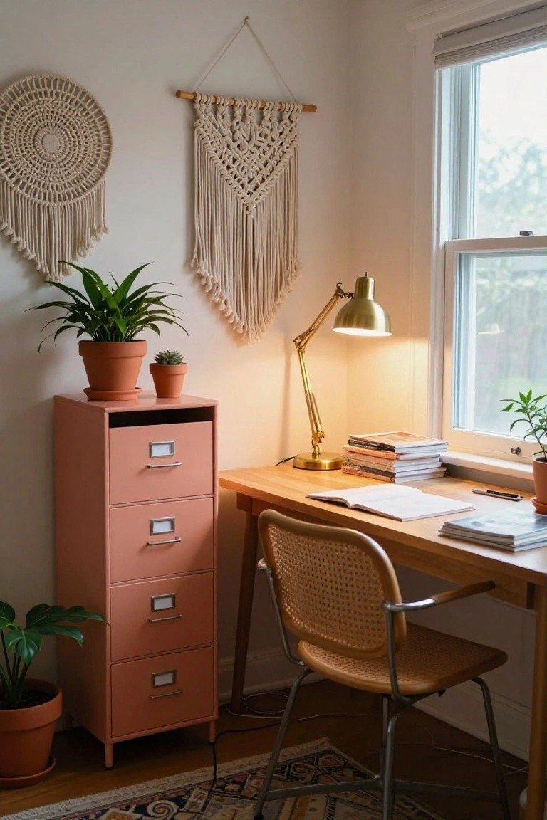Home office corner featuring a tall blush pink four-drawer filing cabinet next to a wooden desk with open books, a rattan chair, potted plants, macrame wall hangings, a gold desk lamp, and a window with blinds.