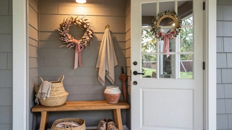 20 Pink Christmas Wreath Ideas That Add a Soft Holiday Touch White front door on a shingled porch with a eucalyptus Christmas wreath tied in pink ribbon, wooden bench with throw blanket, potted plant holding a red umbrella, beige towel on hook, gold mirror, and woven basket.
