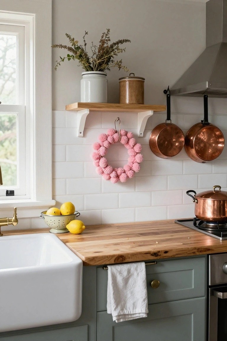 Pink pom-pom wreath hanging on white subway tile backsplash in a kitchen with farmhouse sink, wooden countertop, copper pots on wall rack, and lemons in metal colander near faucet.