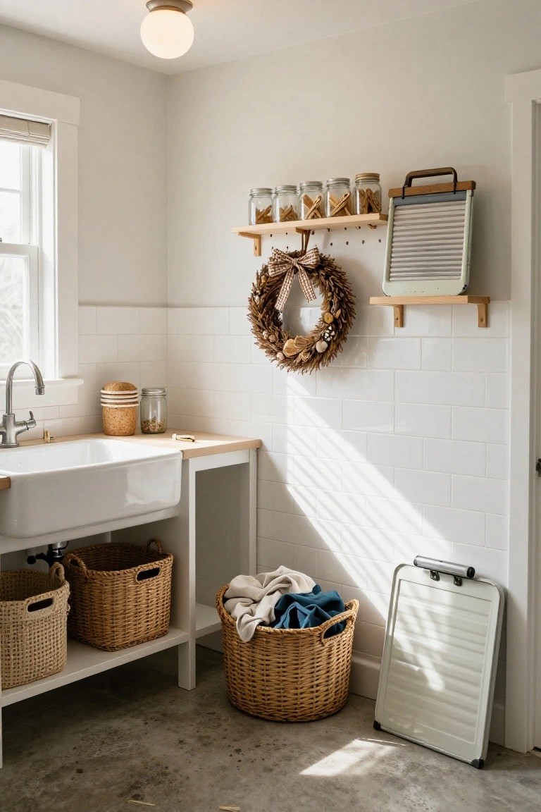 Interior view of a laundry room featuring a white farmhouse sink, wooden counter, wicker laundry baskets, wooden shelves with jars and vintage tools, and a wheat and seashell wreath with bow on white subway tile wall.