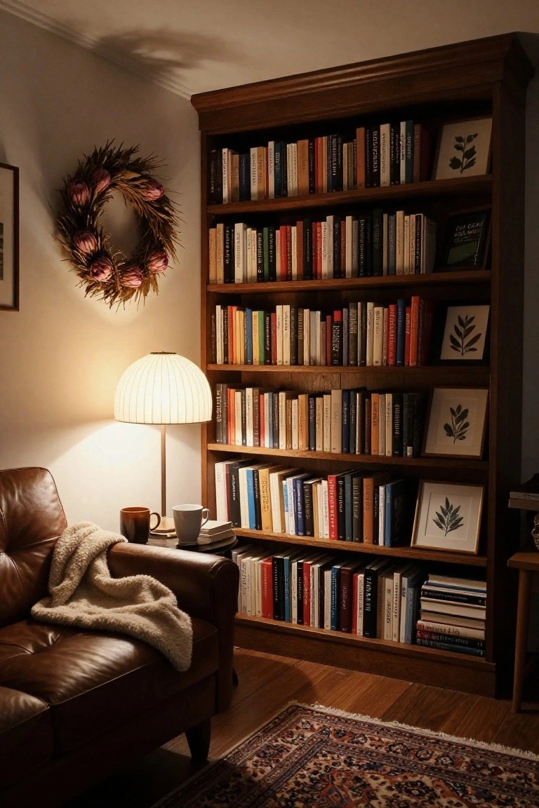 Cozy reading nook with a leather couch, bookshelf, lamp, and blanket. Warm lighting.
