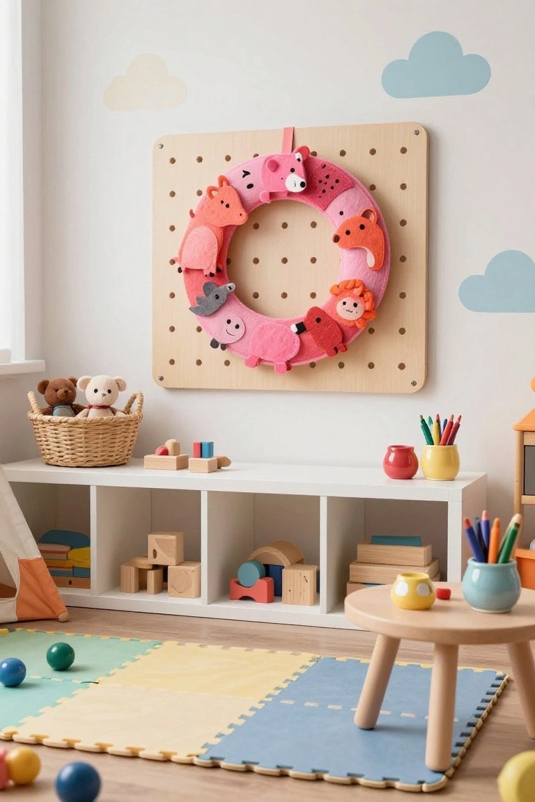 A pink felt wreath with various animal faces hangs on a wooden pegboard wall in a children's playroom featuring toy shelves, stuffed animals in a basket, wooden blocks, play mats, and small furniture.