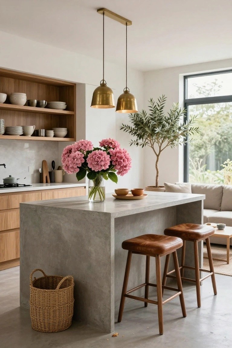 Modern kitchen interior with light wood cabinets, concrete island topped by a tall glass vase of pink hydrangeas, two leather bar stools, brass pendant lights, olive tree, and large window.