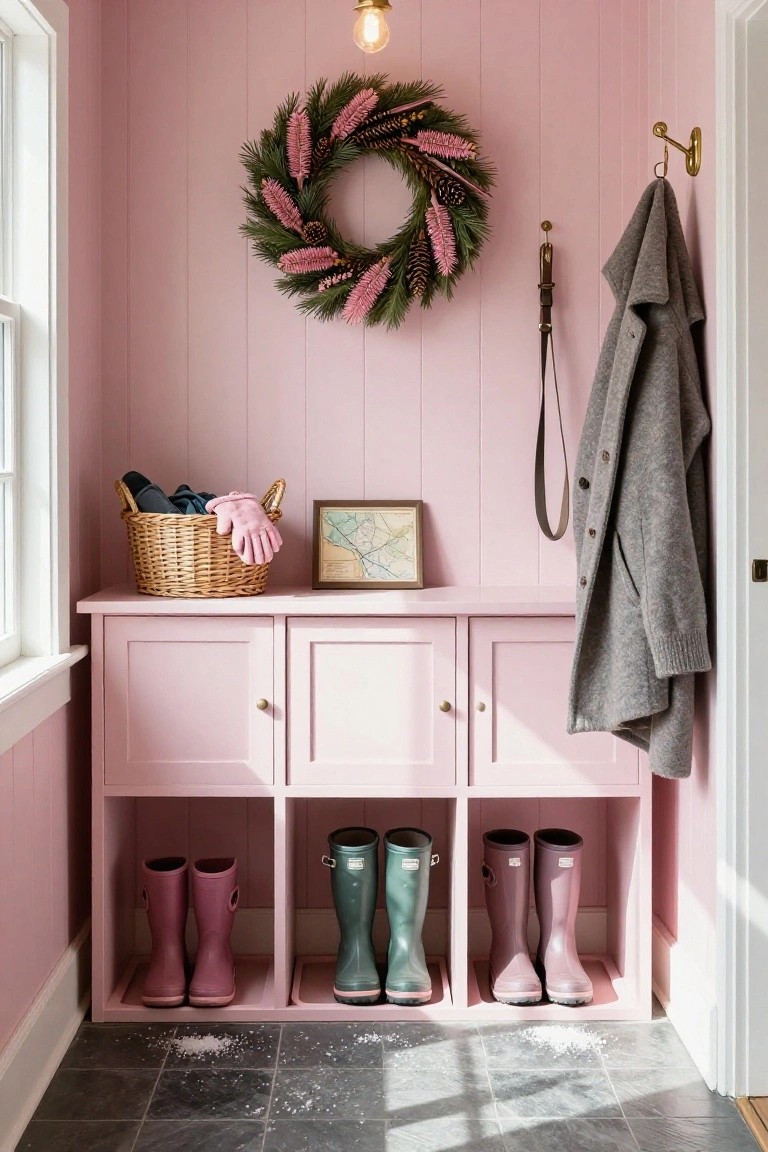 Pink paneled mudroom interior with wooden cabinet holding green, magenta, and maroon rain boots, wicker basket of pink gloves and dark shoes on top, gray coat and brown leash on brass hooks, pink-tinted evergreen and pinecone wreath on wall, small framed map, exposed bulb light, slate tile floor with salt flecks.