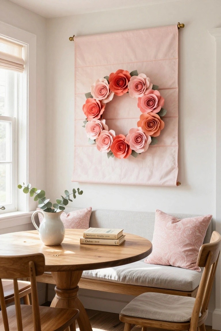 Indoor window nook with gray bench seating, round wooden table, two wooden chairs, white pitcher of eucalyptus, stacked books, and large pink and orange paper rose wreath on pink fabric panel above the bench.