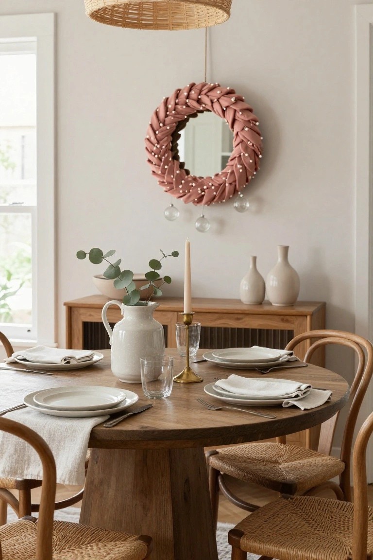 Dining room interior with a round mirror framed by a pink fabric wreath on the wall above a wooden sideboard holding a white jug of eucalyptus, beige vases, and a candle, next to a set wooden table with white plates, glasses, and linen napkins.