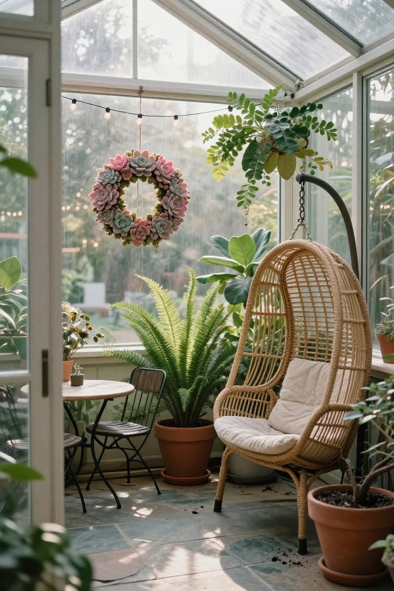 Glass-walled sunroom with potted plants including ferns and palms, a hanging pink succulent wreath near string lights, rattan egg chair, small round table, and two chairs on tiled floor.
