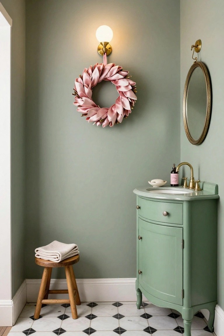 Corner of a sage green powder room with pink fabric calla lily wreath on wall, curved green vanity sink with brass faucet, round mirror, wall sconce, wooden stool with towel, and black-and-white checkered floor tiles.