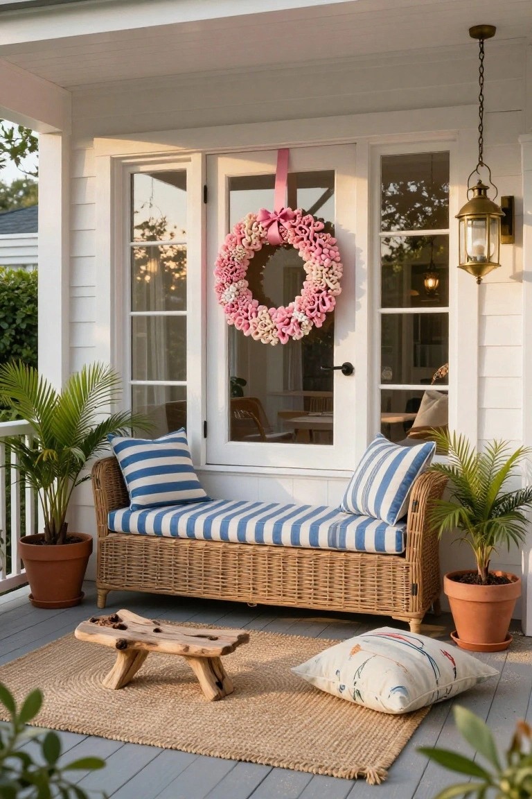 White clapboard house porch with pink fabric wreath on French doors, wicker bench with blue striped cushions and pillows, potted palm plants, seagrass rug, wooden stool, and hanging lanterns on a gray deck.