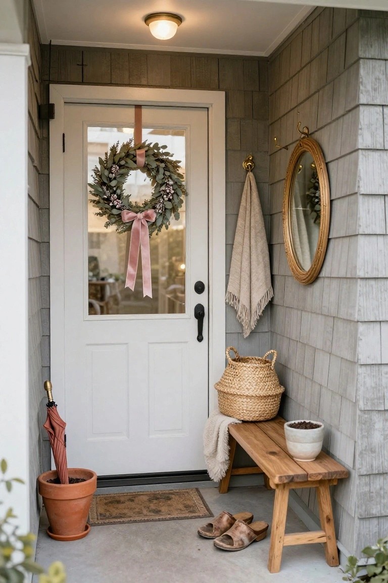 White front door on a shingled porch with a eucalyptus Christmas wreath tied in pink ribbon, wooden bench with throw blanket, potted plant holding a red umbrella, beige towel on hook, gold mirror, and woven basket.