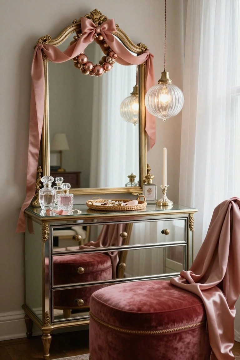 Ornate gold mirror with pink satin ribbon and pink ornament wreath draped across the top, above a glass-topped gold vanity table holding perfume bottles and a jewelry tray, with a pink velvet stool beside it in a room with sheer white curtains.
