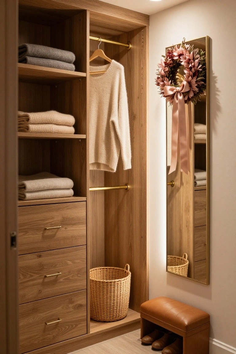 Wooden walk-in closet with open doors revealing shelves of folded gray and beige linens and sweaters, hanging cream sweater on brass rod, lower drawers, wicker basket, leather stool holding brown shoes, and tall gold-framed mirror with pink floral wreath and satin bow.