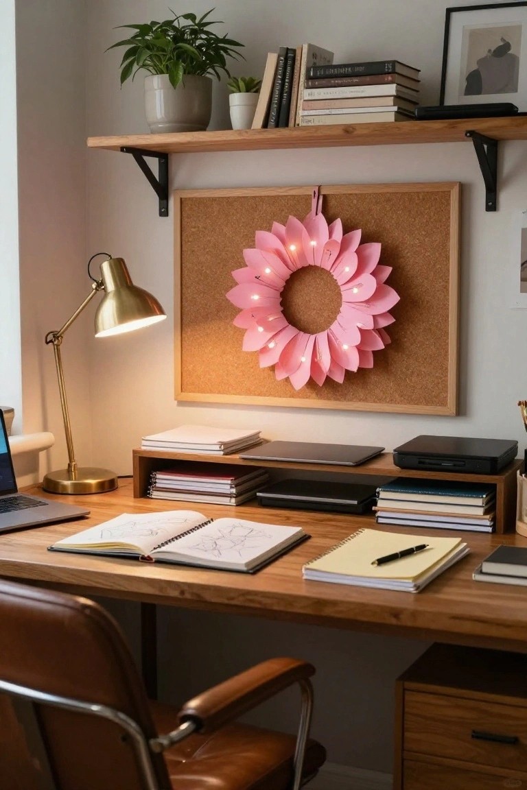 Home office with wooden desk holding laptop, open sketchbook, notebooks, and pen; corkboard on wall displays glowing pink paper lotus wreath; gold desk lamp, shelves with plants and books.