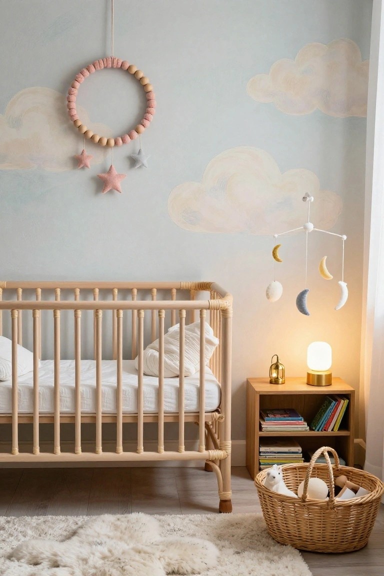 Nursery interior with light blue walls painted with clouds, a pink beaded wreath with star dangles on the wall, wooden crib with white bedding, moon mobile overhead, gold-accented nightstand with lamps, bookshelves, toy basket, and fluffy white rug.