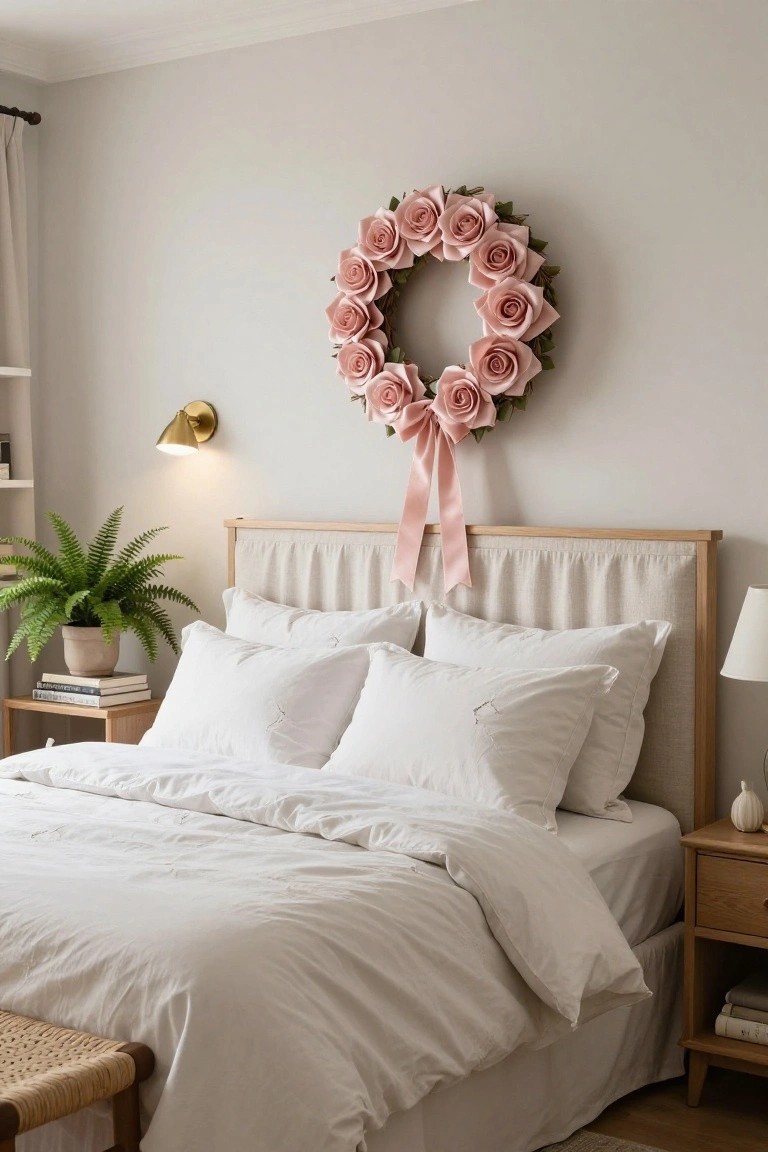 A bedroom with light gray walls, a white linen bed with pillows, a large pink paper rose wreath hanging above the upholstered bedhead with a pink ribbon, a potted fern plant, wooden nightstands, and a rattan stool.