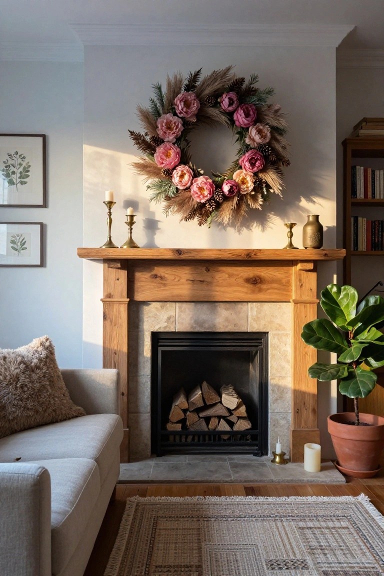Living room with wooden mantel fireplace topped by pink pampas grass and peony wreath, beige sofa with throw pillow to the side, candles on mantel, ficus plant in terracotta pot, neutral walls and rug.