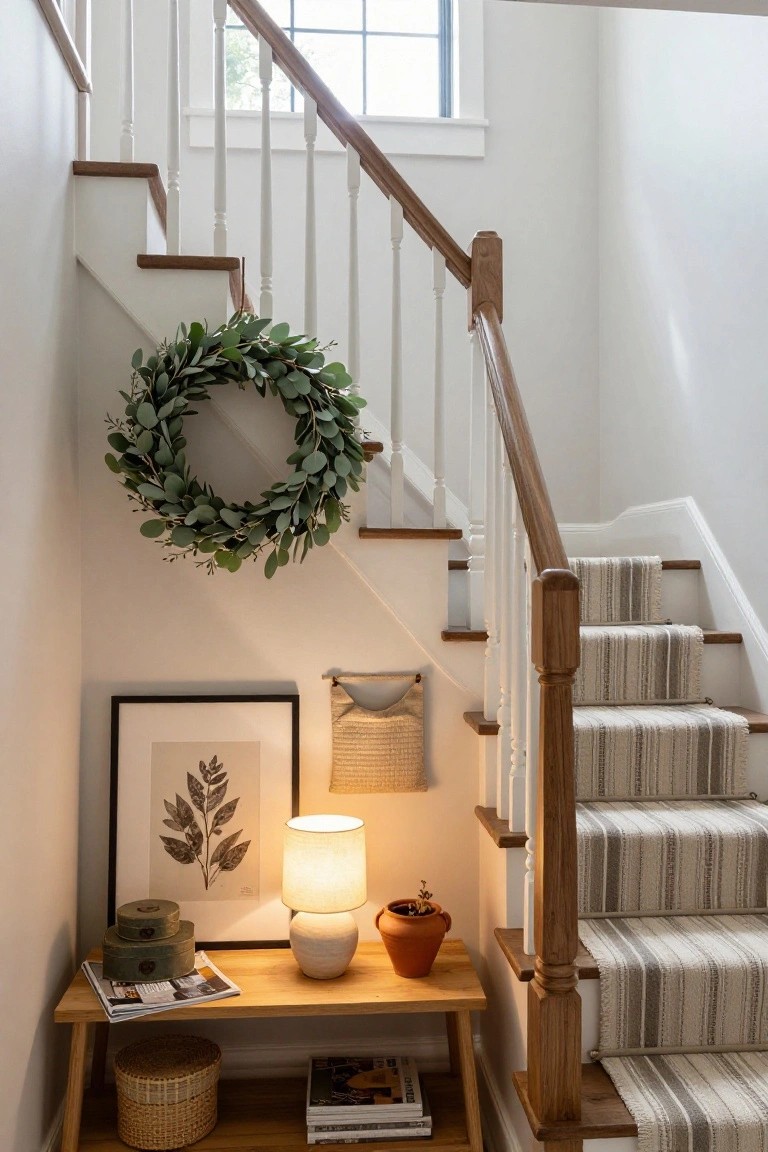 Indoor staircase with white risers, oak treads, and neutral striped runner, featuring a large eucalyptus wreath on the wall above a wooden console table holding a ceramic lamp, framed leaf art, stacked boxes, books, magazines, a potted plant, and a seagrass basket.