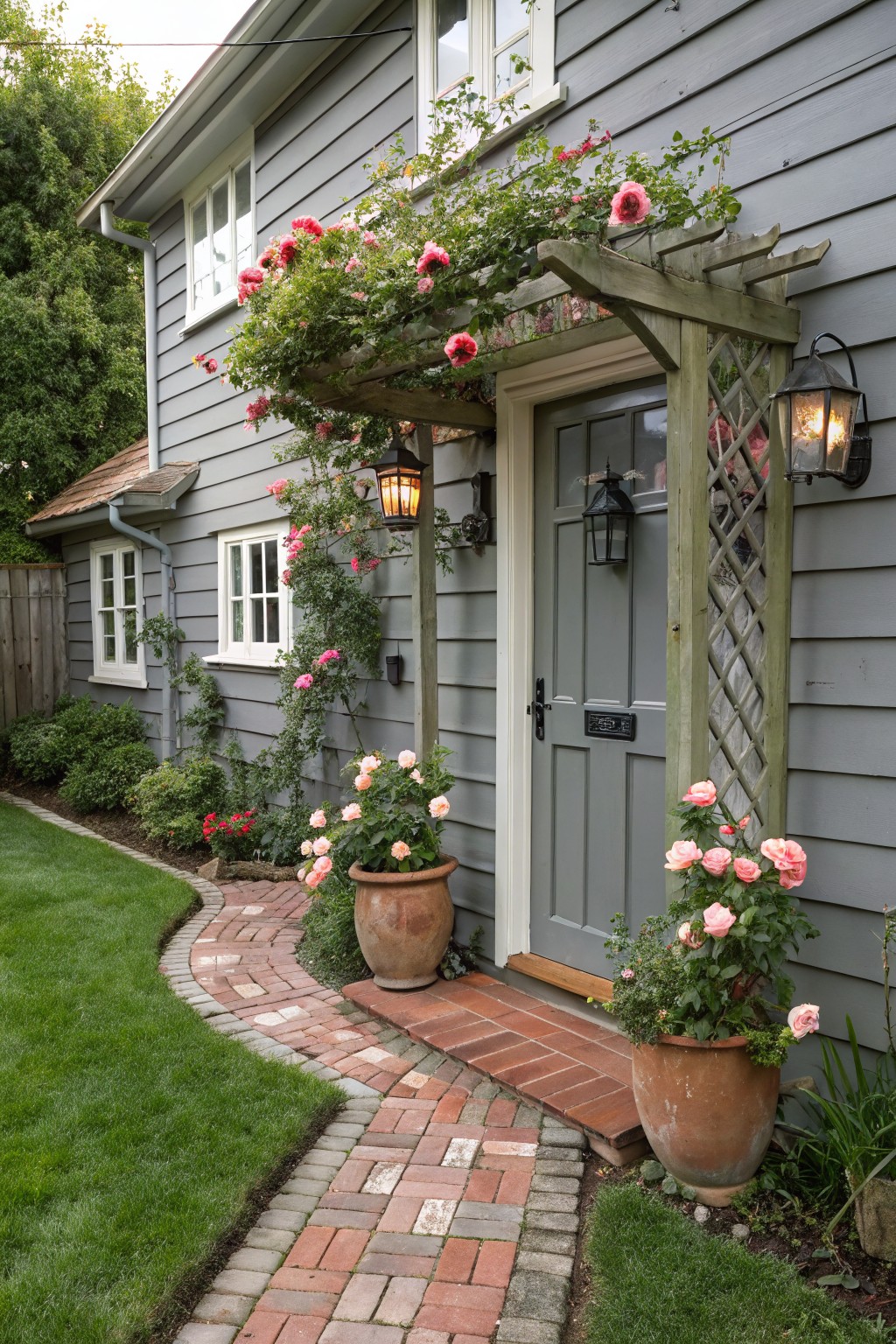 Gray shingle house exterior featuring a wooden arbor covered in pink climbing roses above a dark green front door, with matching rose pots in terra cotta flanking brick steps, lanterns on posts, and a curved brick pathway through the lawn.
