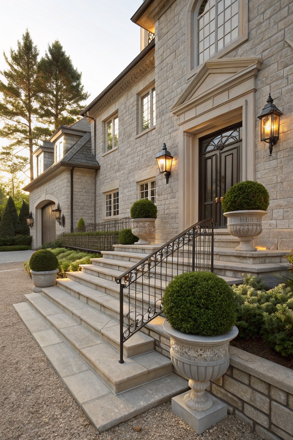 Gray stone house exterior featuring wide multi-level stone entry stairs with black wrought iron railing, flanked by large urns containing spherical boxwood topiaries, wall-mounted lanterns beside a dark wood double door, gravel path, and surrounding evergreen shrubs.