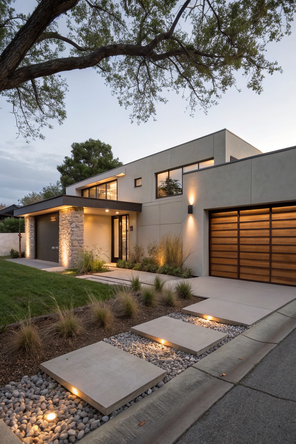 Modern gray stucco house exterior at dusk with wooden garage door, glass entry, landscaped front yard featuring large concrete slab stepping stones set in gravel beds lined with ornamental grasses and uplights.