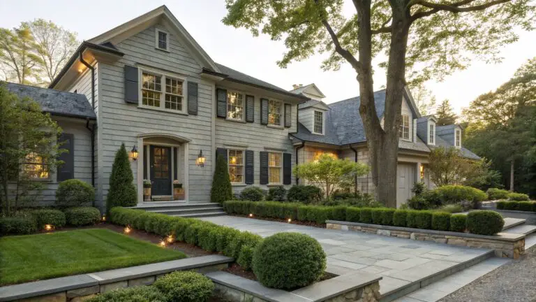 Gray shingled house with light gray siding and black shutters, surrounded by trees, featuring a straight stone pathway lined with spherical boxwood shrubs leading to the front entrance, with lanterns on stone pillars.