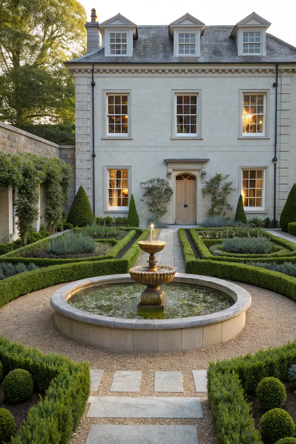 Formal Boxwood Parterre with Central Fountain