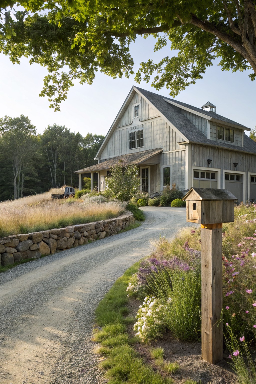 Gray board-and-batten barn house with gabled roof and double garage doors, approached by curved gravel driveway bordered by fieldstone retaining wall, tall ornamental grasses, perennials, wildflowers, and wooden birdhouse mailbox on post amid trees.