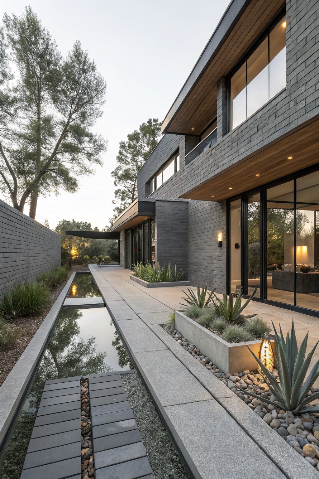 Modern gray brick house exterior viewed from side yard with linear reflecting pool along concrete pathway, wooden stepping stones over water, agave plants in planters, and trees in background at dusk.