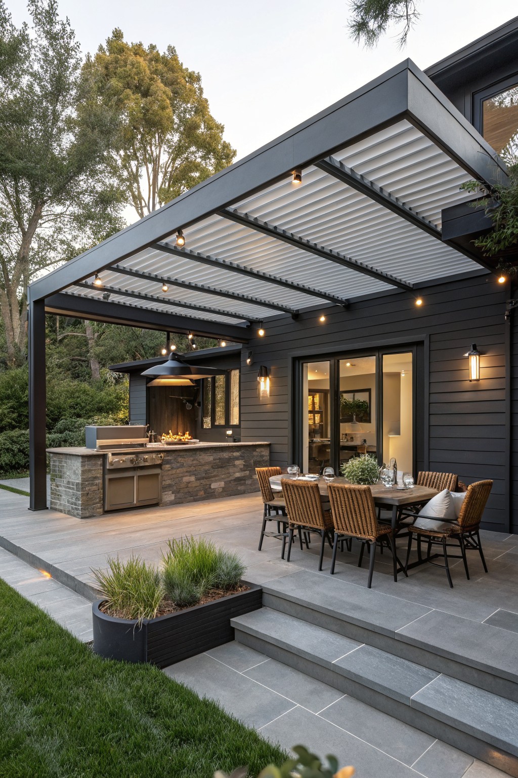 Gray shingle house with black louvered pergola covering stone outdoor kitchen and teak dining table on slate patio, steps to lawn, trees and plants in background.
