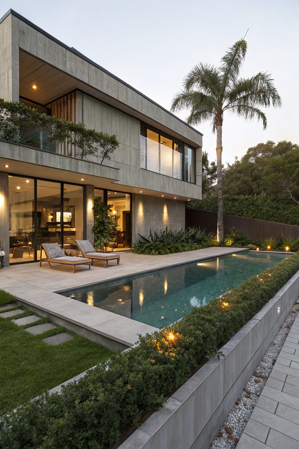 Gray concrete modern house with large glass doors and balcony overlooking a rectangular pool edged by raised beds of low green hedges, lounge chairs on tiled patio, palm tree and landscape lights at evening.