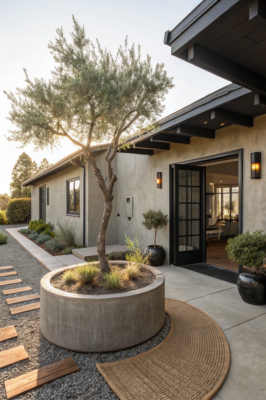 Beige stucco house exterior with a slender olive tree growing against the wall near the open black-framed glass entry door, large round concrete planter filled with grasses, wooden stepping stones on gravel path, curved seagrass rug on concrete patio, and black pots with small olive trees.