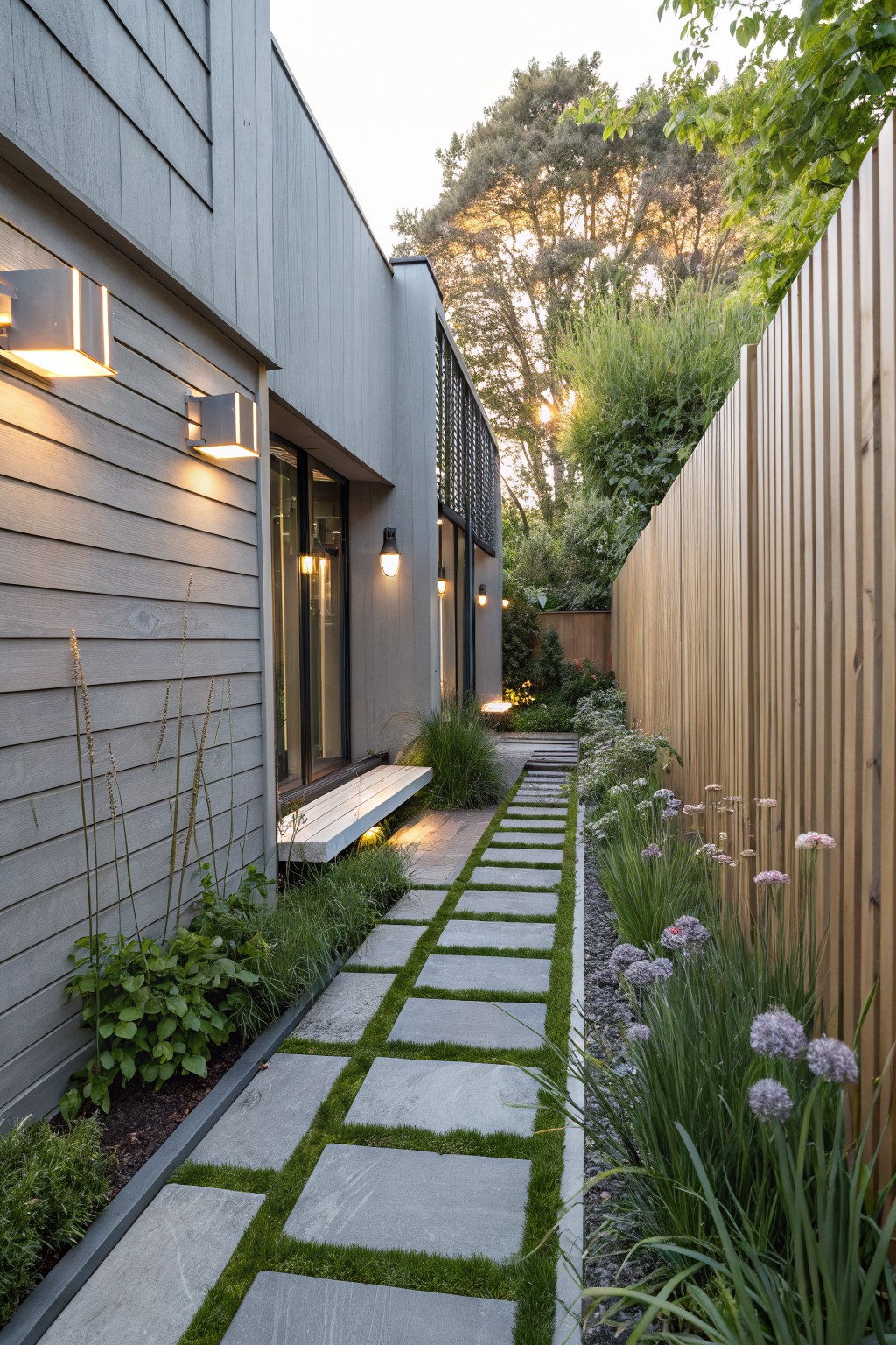 Narrow side yard pathway of large gray stone pavers inset with grass strips and gravel along a gray wood-clad modern house wall, bordered by ornamental grasses, alliums, shrubs, and a wooden fence, with wall-mounted lights on at dusk.