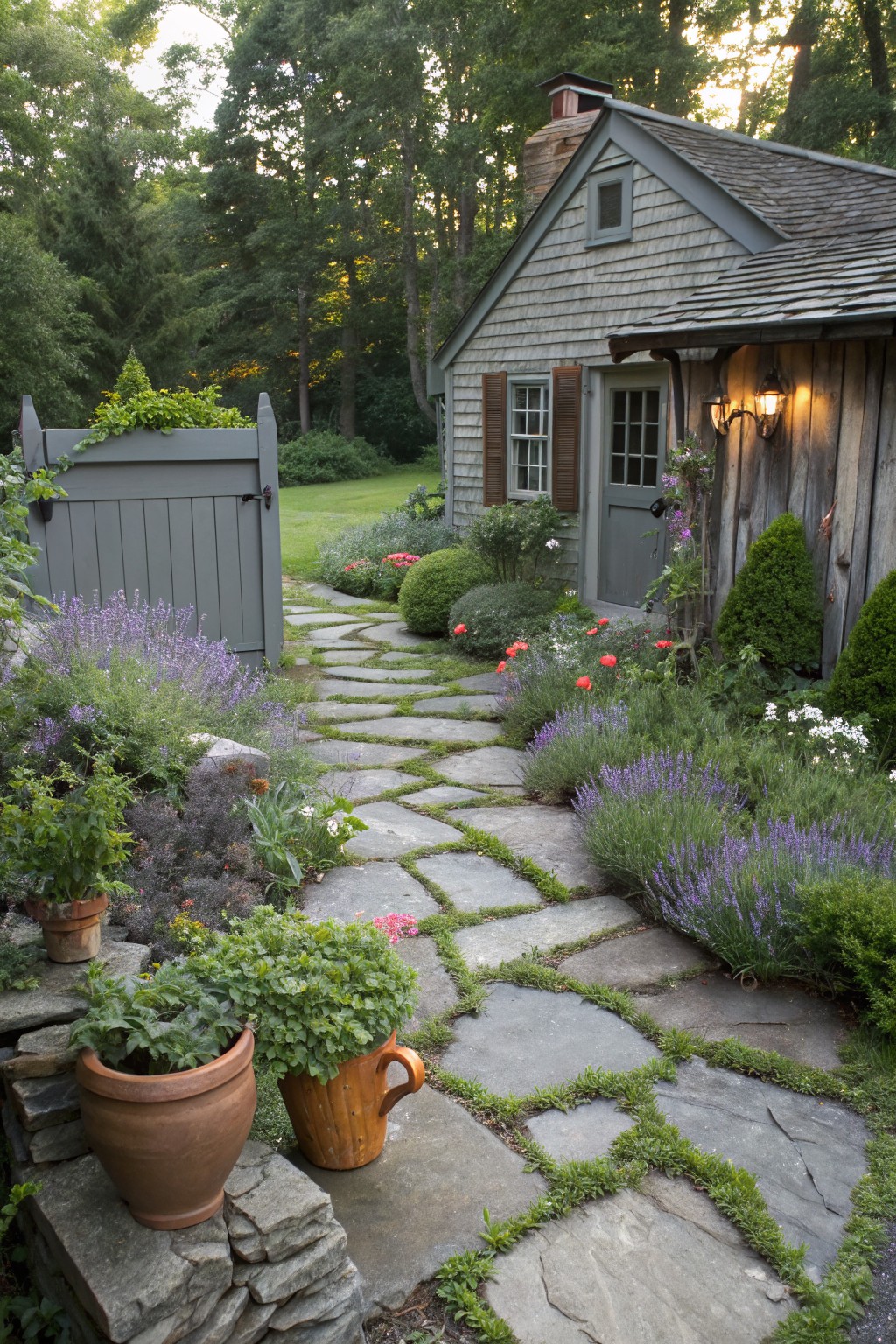 Gray shingled cottage with a green door at the end of a flagstone path winding through garden beds of lavender, perennials, shrubs, and potted plants beside a gray fence.