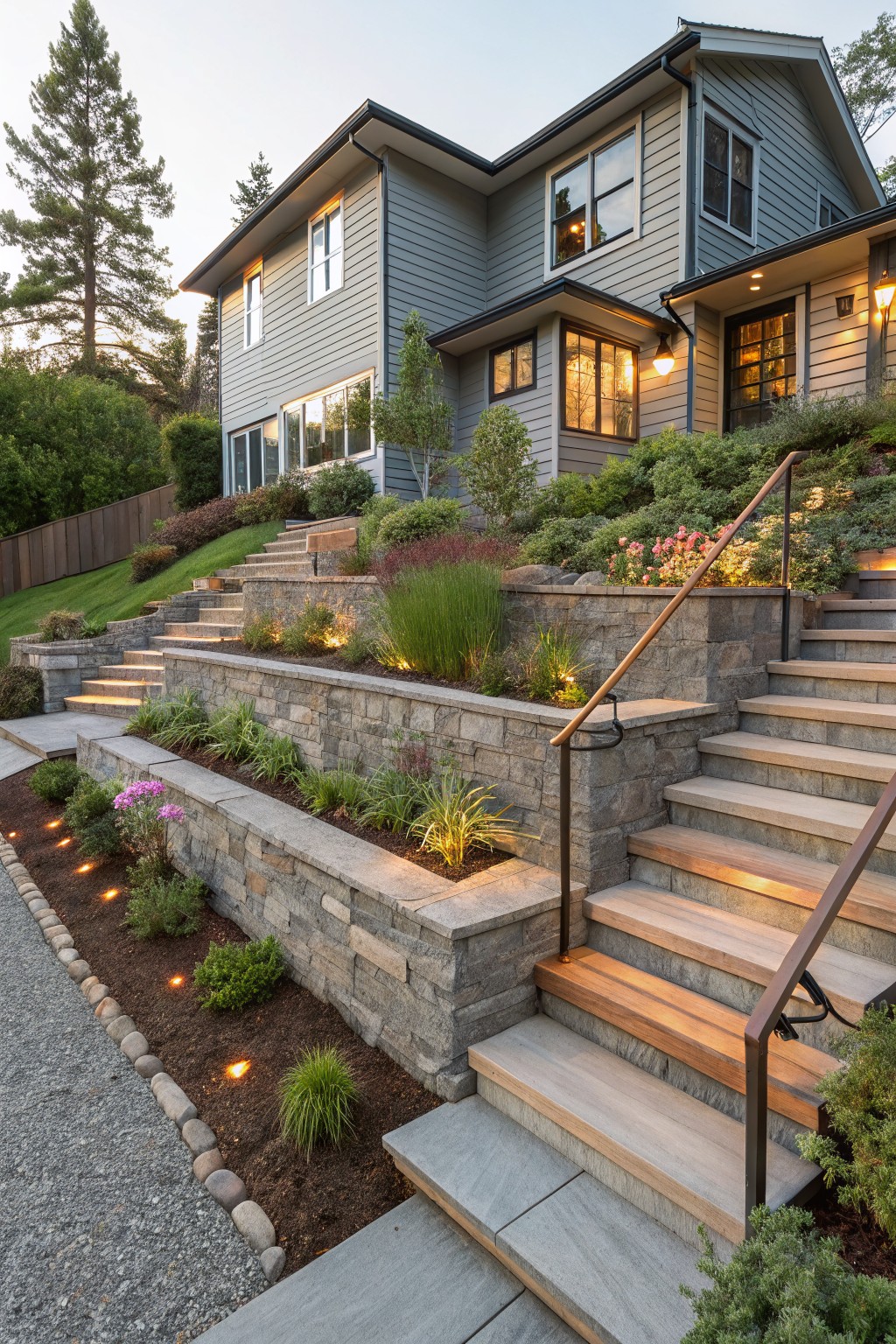 Gray contemporary house on a sloped lot with multi-tiered stone retaining walls, integrated concrete and wood stairs, various plants in beds, pathway lighting, and gravel edging.