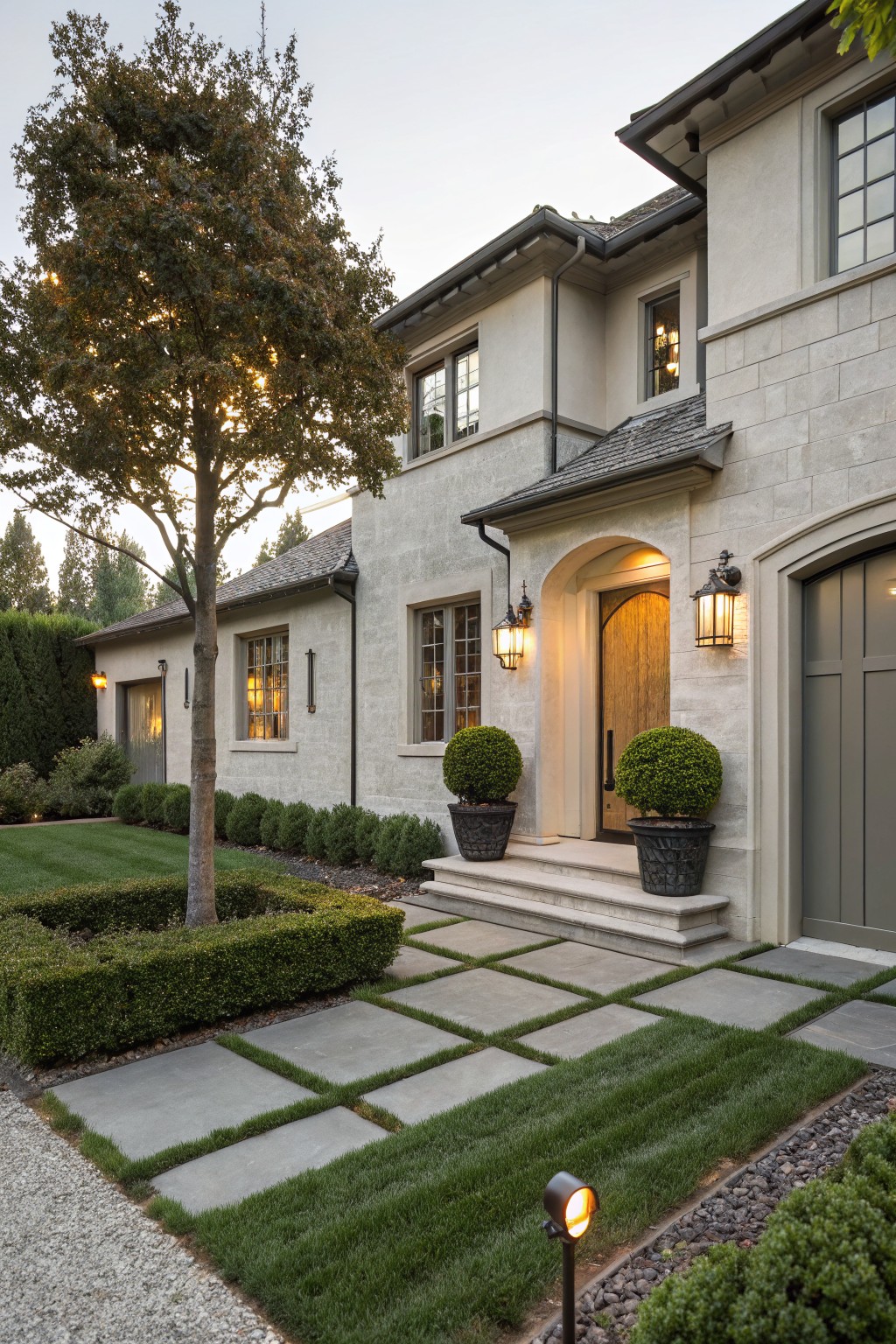 Light gray stone house exterior with wooden arched front door flanked by lanterns and large round boxwood topiaries in black woven pots on steps, low boxwood hedges, a pathway of gray pavers with grass joints, and a tree in the front yard.