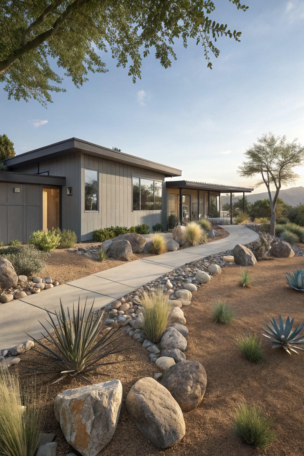 Modern gray paneled house exterior with a curving concrete and gravel pathway lined by large boulders, agave plants, desert grasses, and river rocks leading to the front door, surrounded by arid landscaping and mountains in the background.